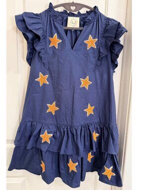 Fantastic Fawn Blue Star Sequin Ruffle Dress Small Boho Tiered Mini